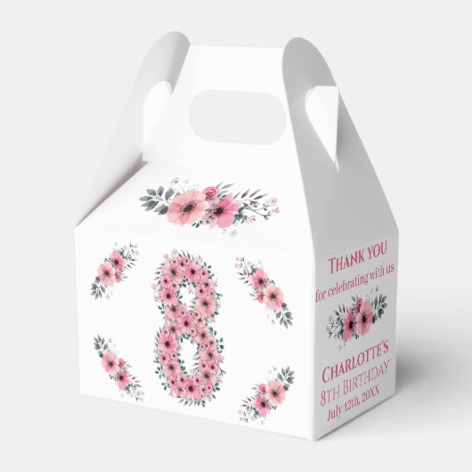 Roze bloemen Grote 8e verjaardag Girl Green Foliag Bedankdoosjes (Voorkant Zijde)