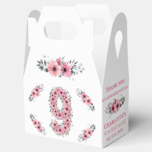 Roze bloemen Grote 9e verjaardag Girl Green Foliag Bedankdoosjes (Geopend)