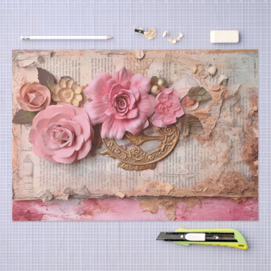 Roze  Bloemen Grunge Decoupage Tissuepapier (Craft)
