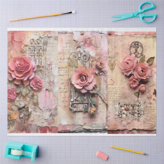 Roze  Bloemen Grunge Decoupage Tissuepapier (Craft)