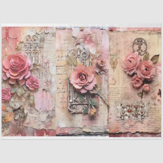 Roze Bloemen Grunge Decoupage Tissuepapier (Voorkant)