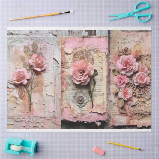 Roze  Bloemen Grunge Decoupage Tissuepapier (Craft)