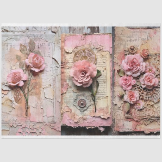 Roze  Bloemen Grunge Decoupage Tissuepapier (Voorkant)