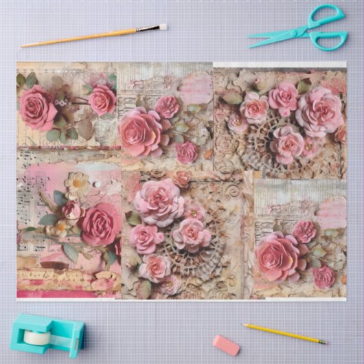 Roze Bloemen Grunge Decoupage Tissuepapier (Craft)