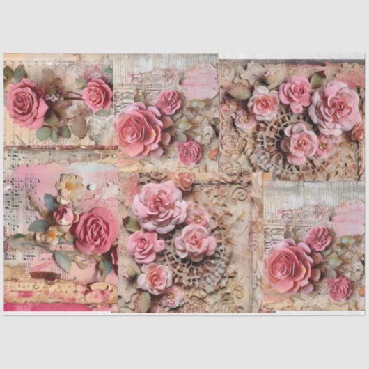 Roze Bloemen Grunge Decoupage Tissuepapier (Voorkant)