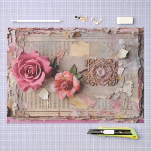 Roze  Bloemen Grunge Decoupage Tissuepapier (Craft)
