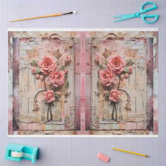 Roze Bloemen Grunge Decoupage Tissuepapier (Craft)