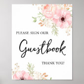 Roze Bloemen Guestbook Baby shower Sign Poster (Voorkant)