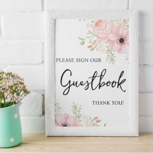 Roze Bloemen Guestbook Baby shower Sign Poster