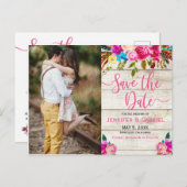 Roze Bloemen Handgeschreven Foto Bewaar de datum Aankondigingskaart (Voorkant / Achterkant)