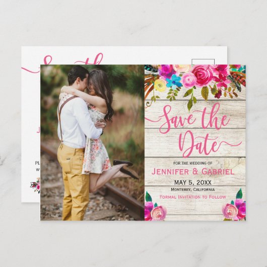 Roze Bloemen Handgeschreven Foto Bewaar de datum Aankondigingskaart (Voorkant / Achterkant)