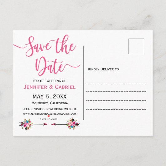 Roze Bloemen Handgeschreven Foto Bewaar de datum Aankondigingskaart (Achterkant)