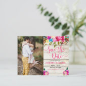 Roze Bloemen Handgeschreven Foto Bewaar de datum Aankondigingskaart (Staand voorkant)