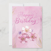Roze Bloemen Happy Birthday Flat Kaart (Voorkant)