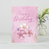 Roze Bloemen Happy Birthday Flat Kaart (Staand voorkant)