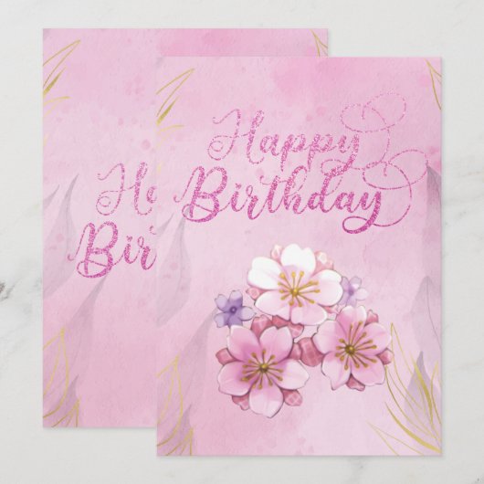 Roze Bloemen Happy Birthday Flat Kaart (Voorkant / Achterkant)
