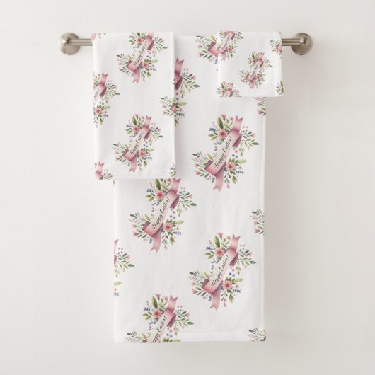Roze Bloemen Happy Easter Ribbon Bad Handdoek (Insitu)