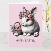 Roze Bloemen Happy Easter Schattige Bunny Flower W Kaart (Gele Bloem)