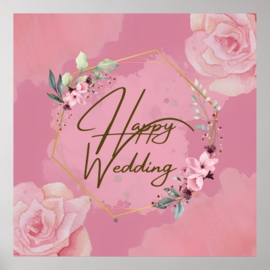 Roze Bloemen Happy Wedding Poster (Voorkant)