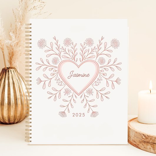 Roze Bloemen Hart 2025 Custom Name Planner