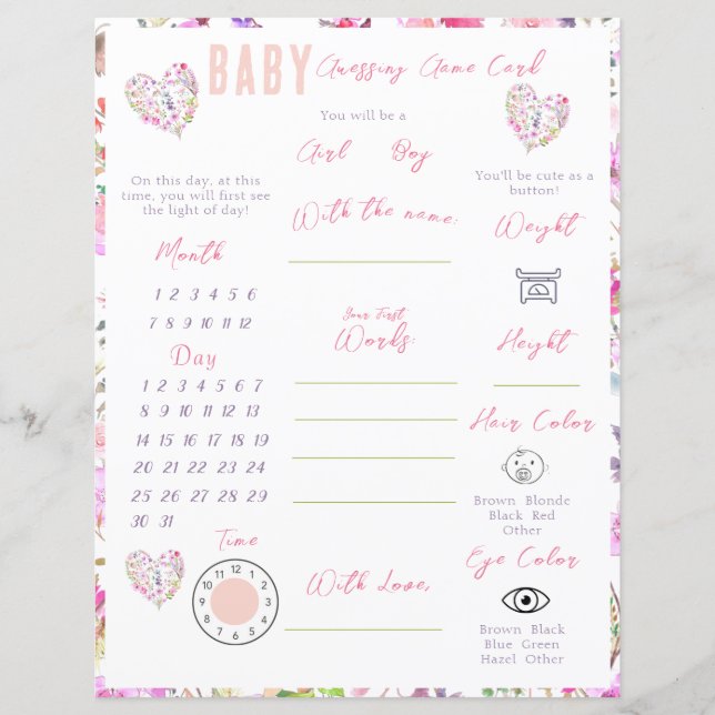 Roze Bloemen Hart Baby In Bloom Baby shower Spel (Voorkant)