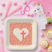 Roze Bloemen Hart & Christelijk Kruis Vrouwen Papieren Bordje (Feest)