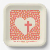 Roze Bloemen Hart & Christelijk Kruis Vrouwen Papieren Bordje (Voorkant)