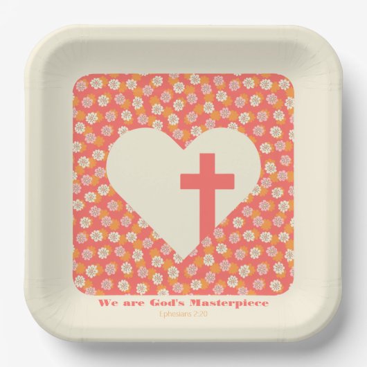 Roze Bloemen Hart & Christelijk Kruis Vrouwen Papieren Bordje (Voorkant)