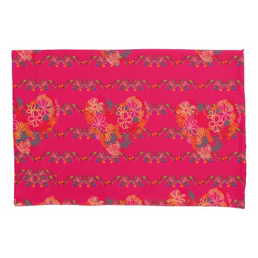 Roze bloemen hart en paisley fuchsia kussensloop (Voorkant)
