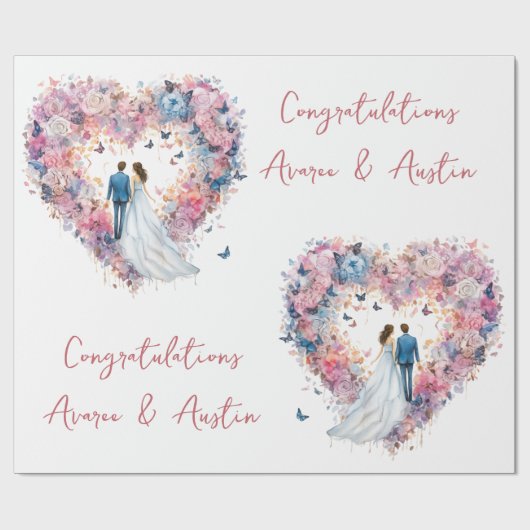 Roze Bloemen Hart Huwelijk/Douche Gefeliciteerd Cadeaupapier (Vlak)