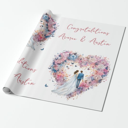 Roze Bloemen Hart Huwelijk/Douche Gefeliciteerd Cadeaupapier (Uitgerold)