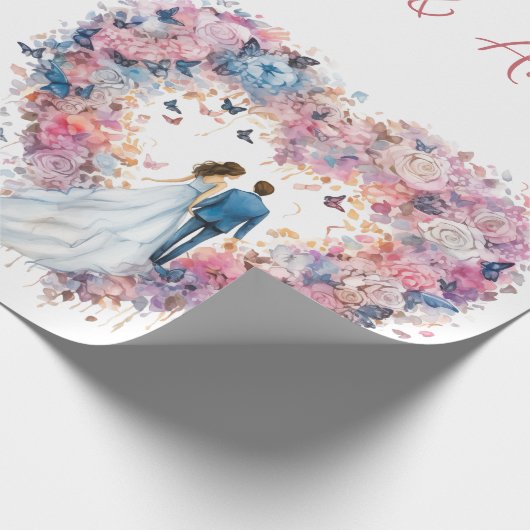 Roze Bloemen Hart Huwelijk/Douche Gefeliciteerd Cadeaupapier (Hoek)