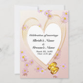 Roze Bloemen Hart Lijst & Gouden Ringen Bruiloft Kaart (Voorkant)