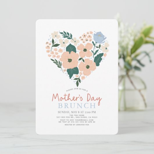 Roze Bloemen Hart Moederdag Brunch Kaart (Staand voorkant)