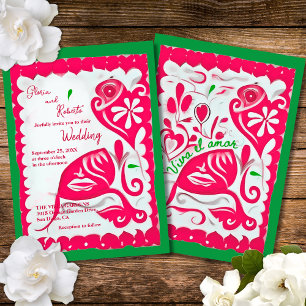 Roze Bloemen Hart Papel Picado Mexicaanse bruiloft Kaart