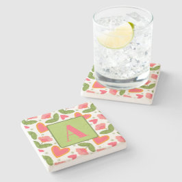 Roze Bloemen Hart Patroon Custom Initiaal Stenen Onderzetter