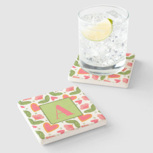 Roze Bloemen Hart Patroon  Custom Initiaal Stenen Onderzetter