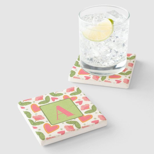 Roze Bloemen Hart Patroon Custom Initiaal Stenen Onderzetter (Zijkant)