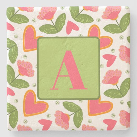 Roze Bloemen Hart Patroon Custom Initiaal Stenen Onderzetter (Voorkant)