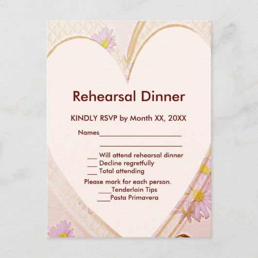 Roze Bloemen, Hart, Ringen RSVP Oefendiner Uitnodiging Briefkaart (Voorkant)