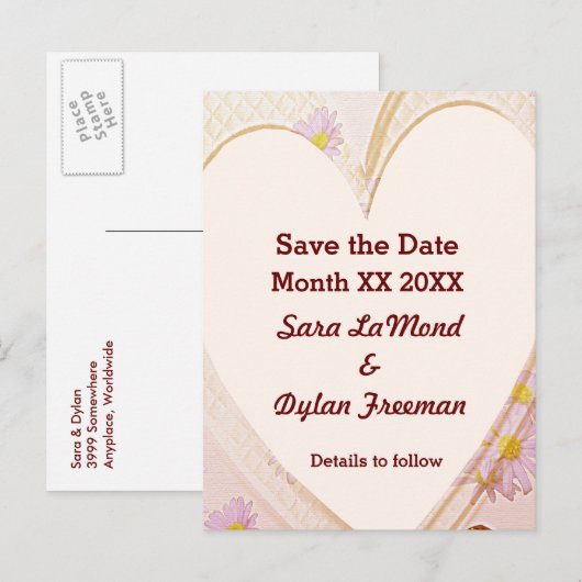 Roze bloemen, hart, ringen, sparen het Briefkaart (Voorkant / Achterkant)