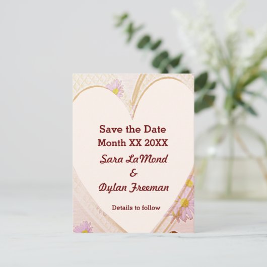 Roze bloemen, hart, ringen, sparen het Briefkaart (Staand voorkant)