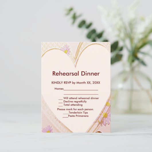 Roze bloemen, hart, RSVP-repetitie Uitnodiging Briefkaart (Staand voorkant)