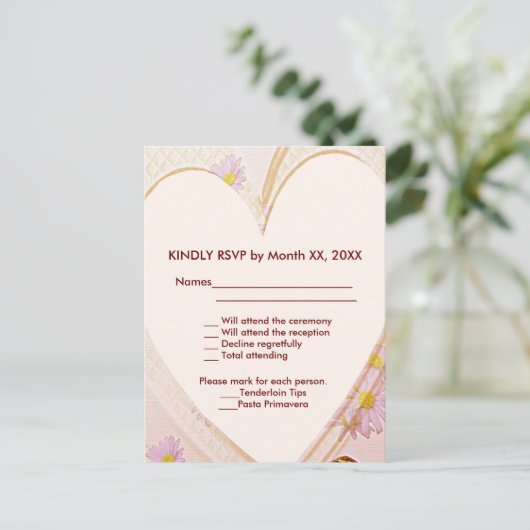 Roze bloemen, hart, RSVP Weddenschap Uitnodiging Briefkaart (Staand voorkant)