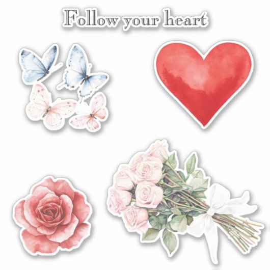 Roze Bloemen Hart Vlinders Rozen Sticker (Voorkant)