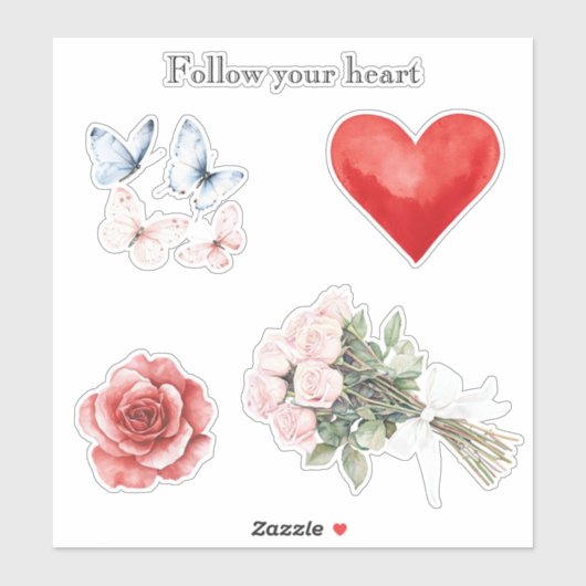 Roze Bloemen Hart Vlinders Rozen Sticker (Vel)