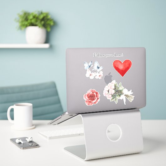 Roze Bloemen Hart Vlinders Rozen Sticker (Laptop op bureau)