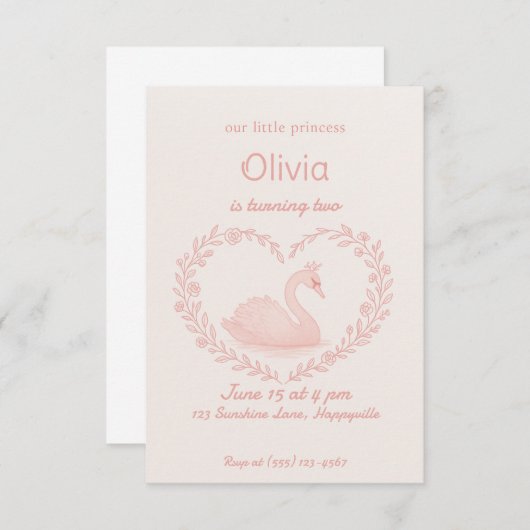 Roze Bloemen Hart Zwaan Verjaardag Meisje Uitnodig Kaart (Voorkant / Achterkant)