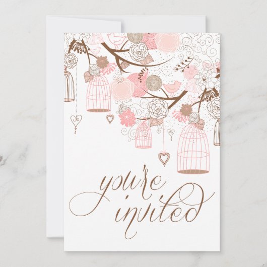 Roze bloemen Harten & Birdcages Weddenschap Kaart (Voorkant)