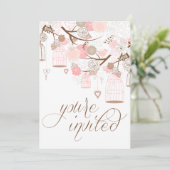 Roze bloemen Harten & Birdcages Weddenschap Kaart (Staand voorkant)